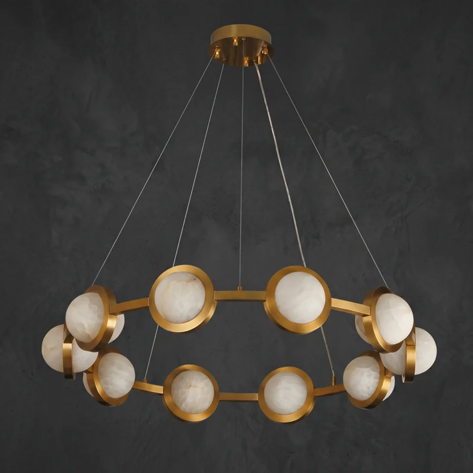 Alabaster disc ring chandelier with brushed brass ring and ten alabaster discs