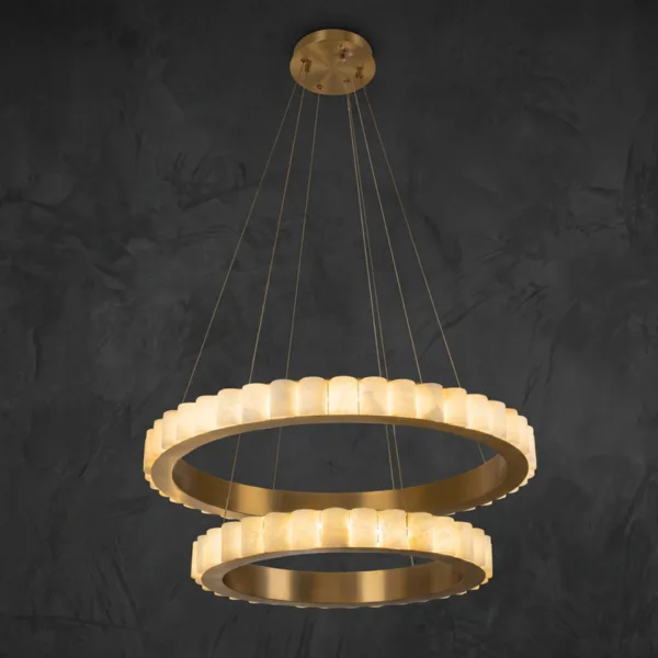 Alabaster double ring chandelier with two brushed brass rings and alabaster cylinders