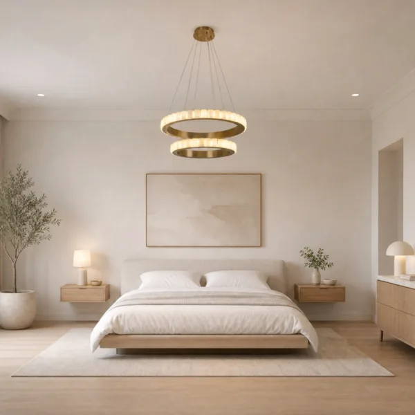 Alabaster double ring chandelier in a bedroom