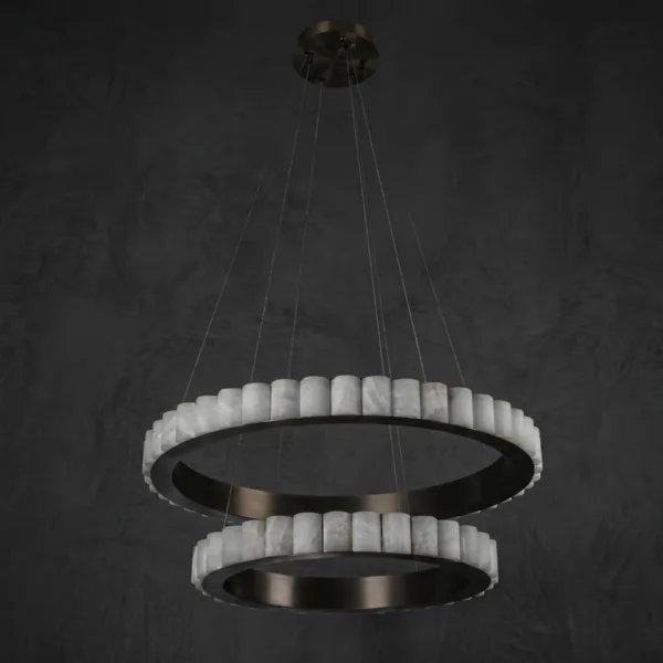 Alabaster double ring chandelier in dark bronze finish