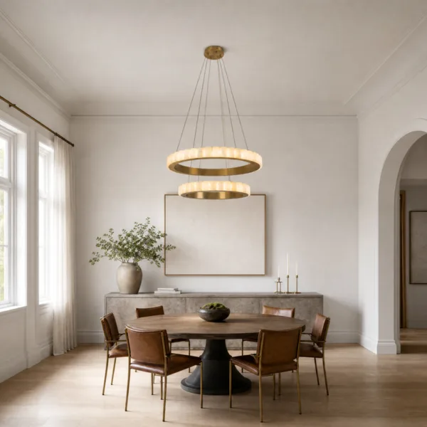 Alabaster double ring chandelier above a round dining table