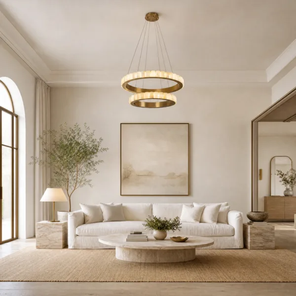 Alabaster double ring chandelier hanging in a living room