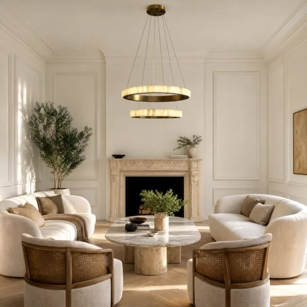 Brass alabaster double ring chandelier in a modern living room