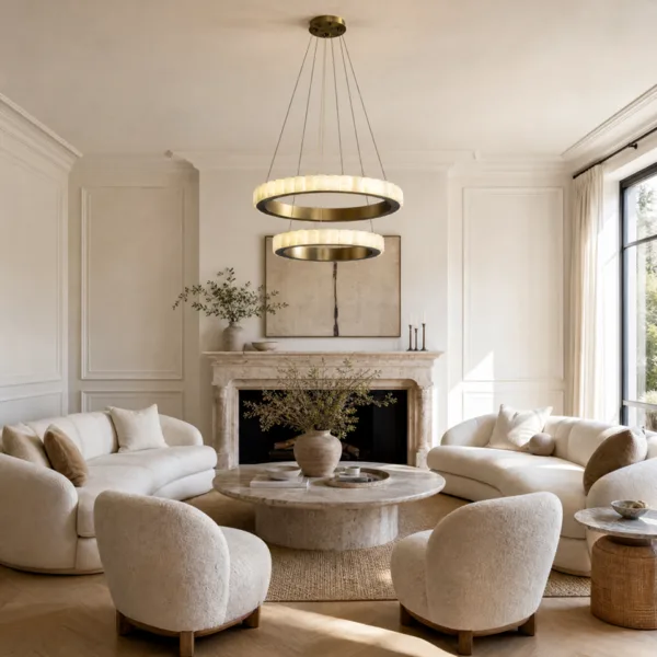 Alabaster double ring chandelier above a seating area