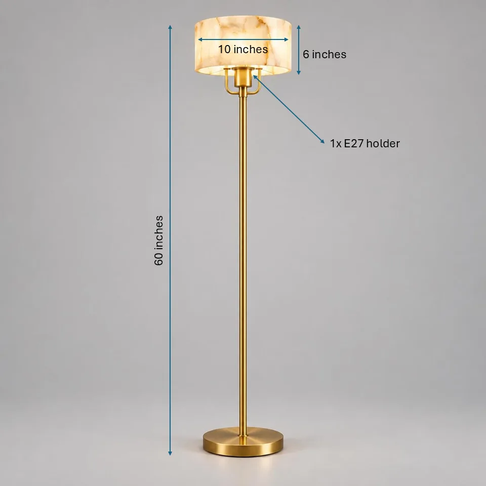 Alabaster Floor Lamp with Shade – Stone Drum, Brass Finish, 152 cm 9 Alabaster drum floor lamp dimensions, 60 inches tall with a 10 x 6 inch shade and one E27 holder