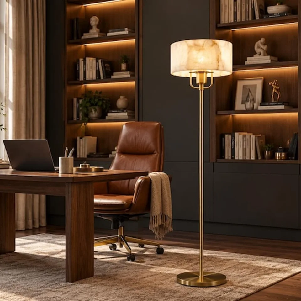 Alabaster Floor Lamp with Shade – Stone Drum, Brass Finish, 152 cm 5 Alabaster floor lamp in a home office beside a leather chair and bookshelf