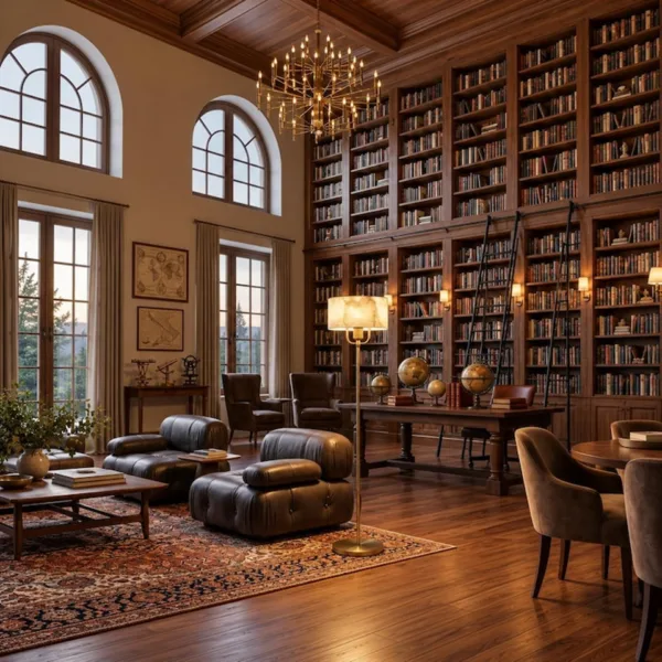 Alabaster floor lamp in a library with tall wooden bookshelves