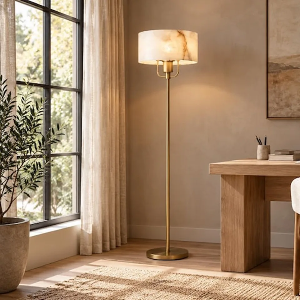 Alabaster Floor Lamp with Shade – Stone Drum, Brass Finish, 152 cm 4 Alabaster shade floor lamp beside a wooden study desk and window