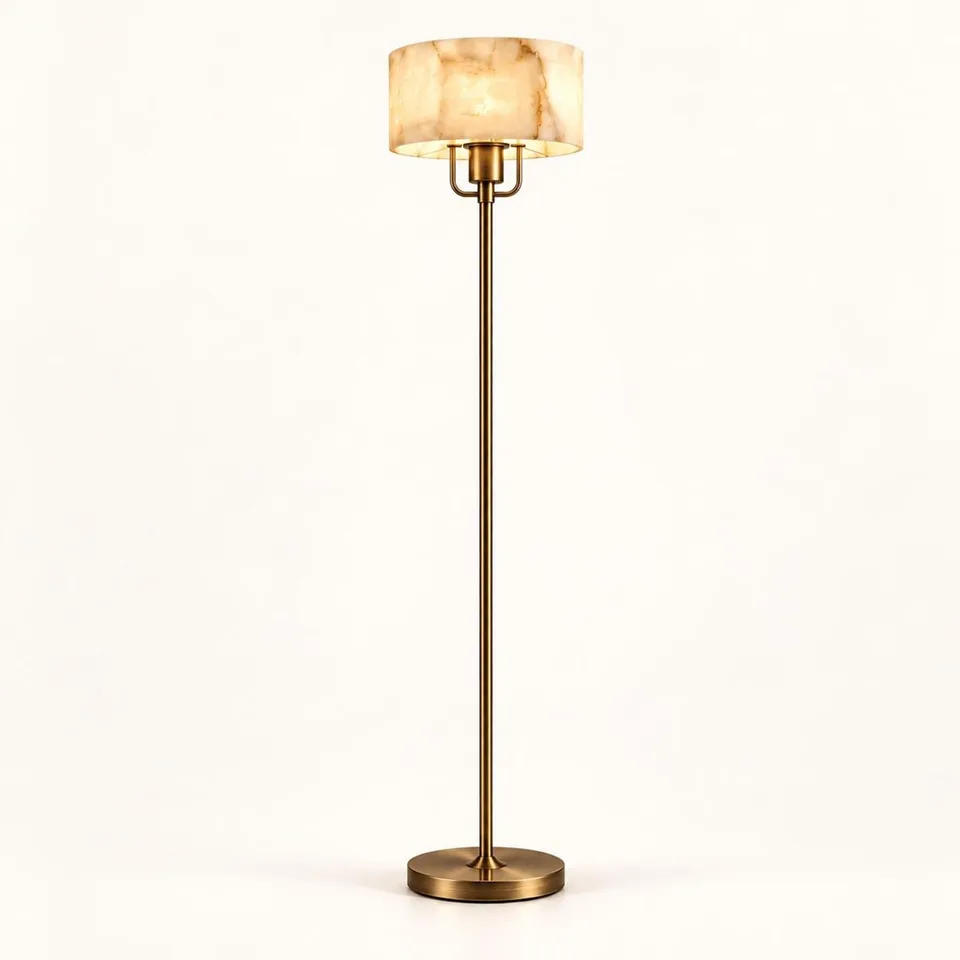 Alabaster Floor Lamp with Shade – Stone Drum, Brass Finish, 152 cm 8 Alabaster drum floor lamp with brass-finish stem on a white background