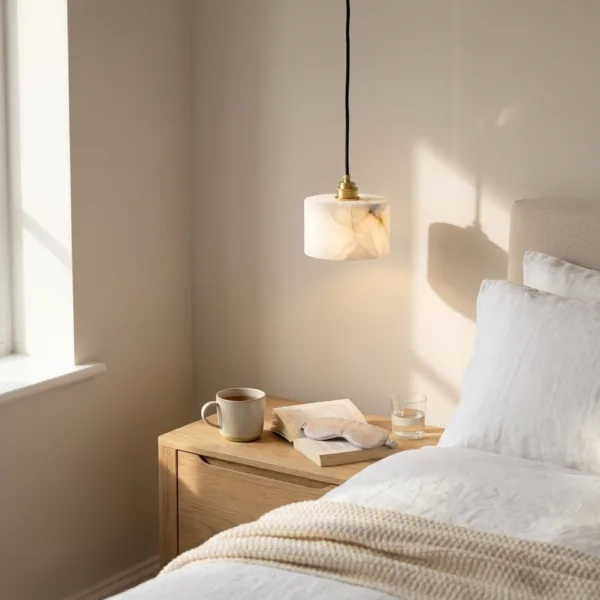 Alabaster drum pendant light hanging beside a bed as a bedside light over an oak nightstand