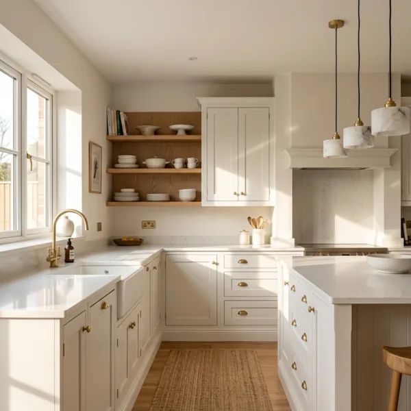 Three alabaster drum pendant lights with brass fittings over a cream kitchen with open oak shelves