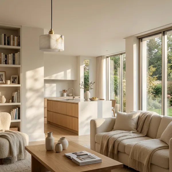 Alabaster drum pendant light hanging in a bright open-plan living room and kitchen