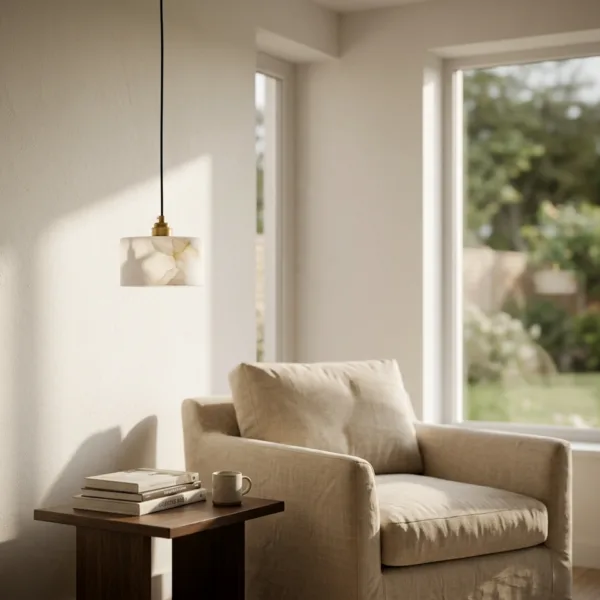 Alabaster drum pendant light above an armchair and side table in a sunlit reading corner