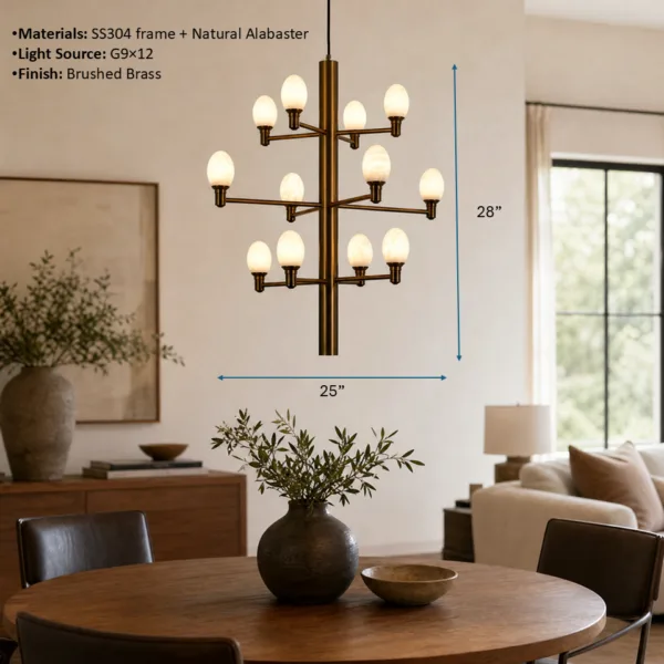 Alabaster egg chandelier dimension drawing: 25 inch width, 28 inch height, SS304 frame, G9 x 12, brushed brass