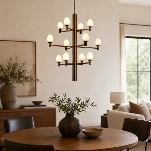 Alabaster egg chandelier above a round wooden dining table