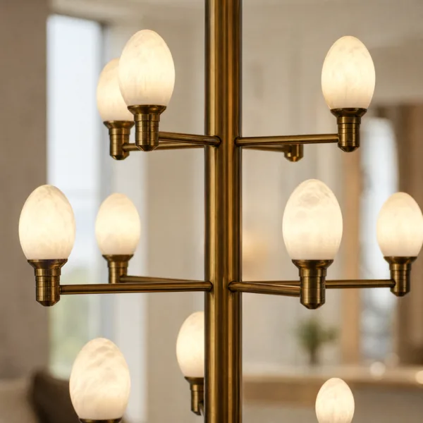Close-up of lit G9 alabaster egg shades on the alabaster egg chandelier