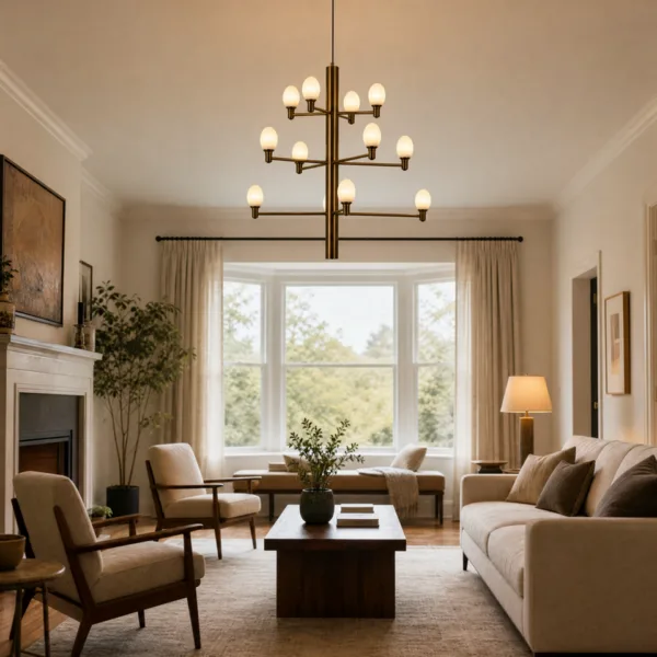 Alabaster egg chandelier hanging in a warm modern living room with a bay window