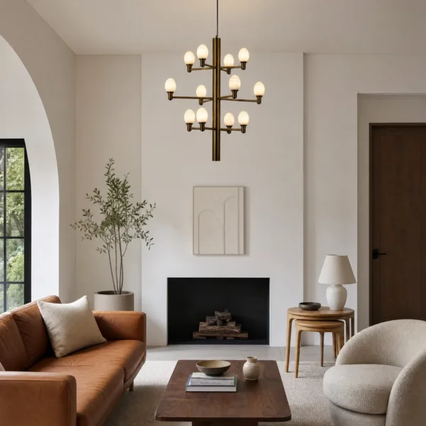 Alabaster egg chandelier in a modern living room with a leather sofa and white fireplace