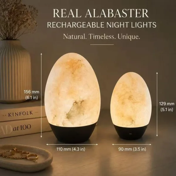 Alabaster egg night lamp sizes: large 156 x 110 mm and small 129 x 90 mm