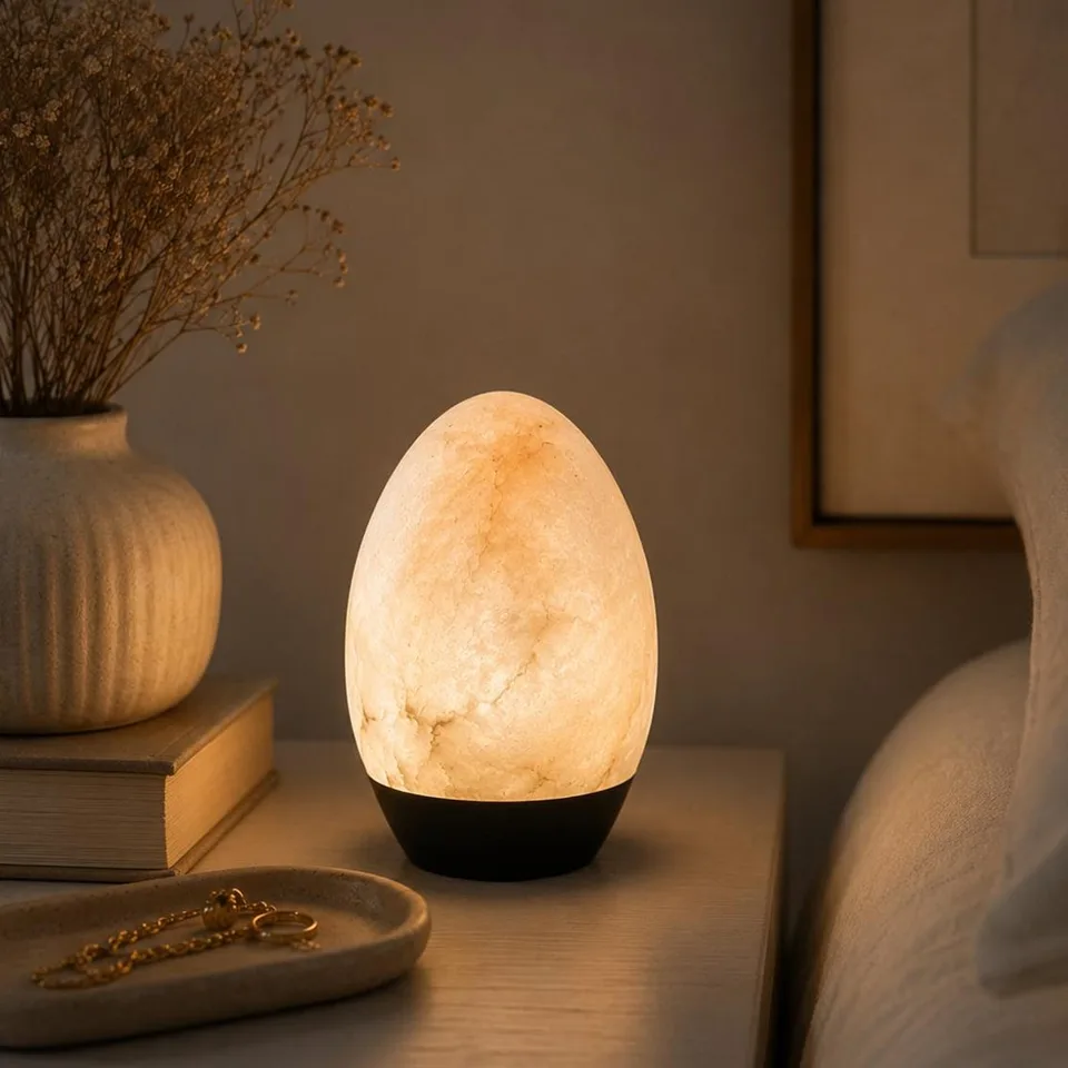 Alabaster egg night lamp glowing on a bedside table beside a vase and books