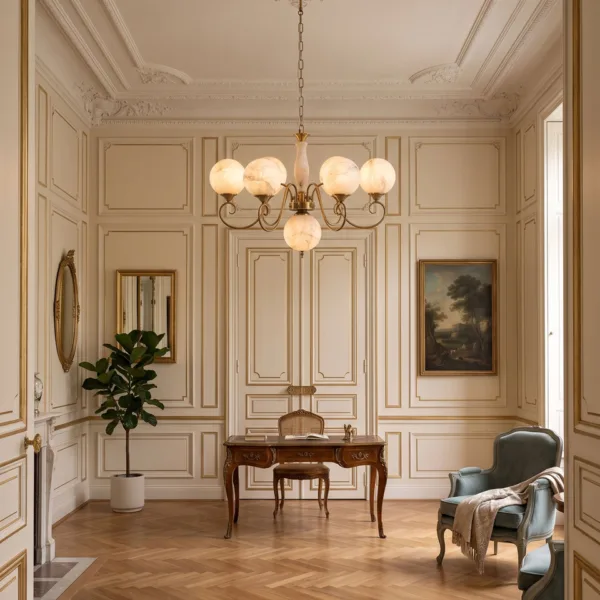 Alabaster globe chandelier in a classic panelled hall with a writing desk