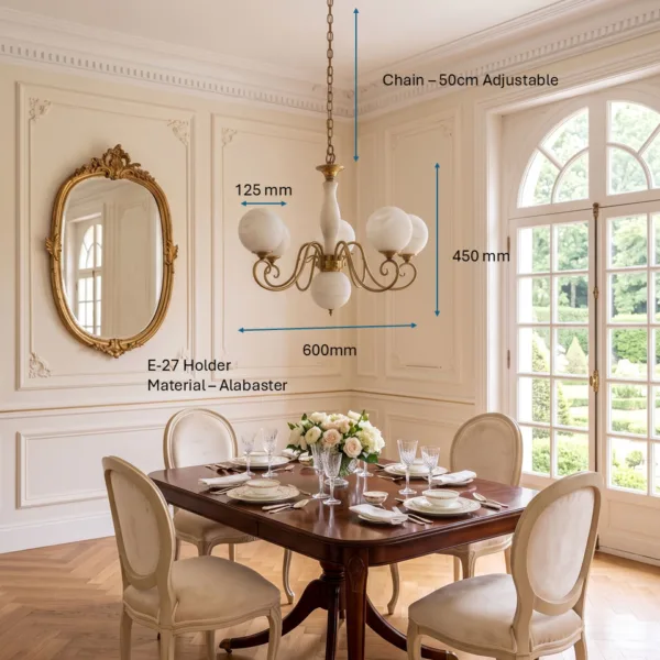 Alabaster globe chandelier dimension drawing: 600 mm width, 450 mm height, 125 mm globe, 50 cm adjustable chain