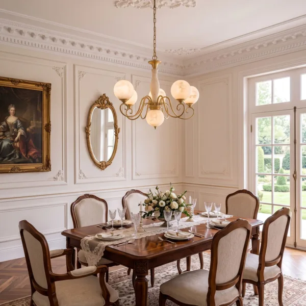Alabaster globe chandelier over a wooden dining table in a classic French dining room
