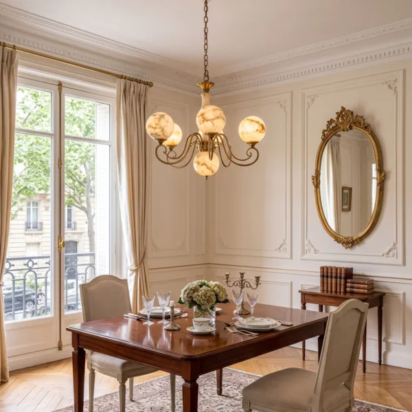 Alabaster globe chandelier above a dining table set for dinner near a tall window