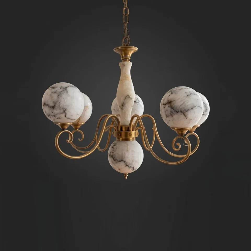 Home 3 Alabaster globe chandelier with six white veined alabaster globes and brass scroll arms, unlit, on a dark background