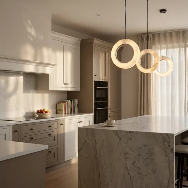 Three alabaster halo ring pendant lights glowing over a marble kitchen island