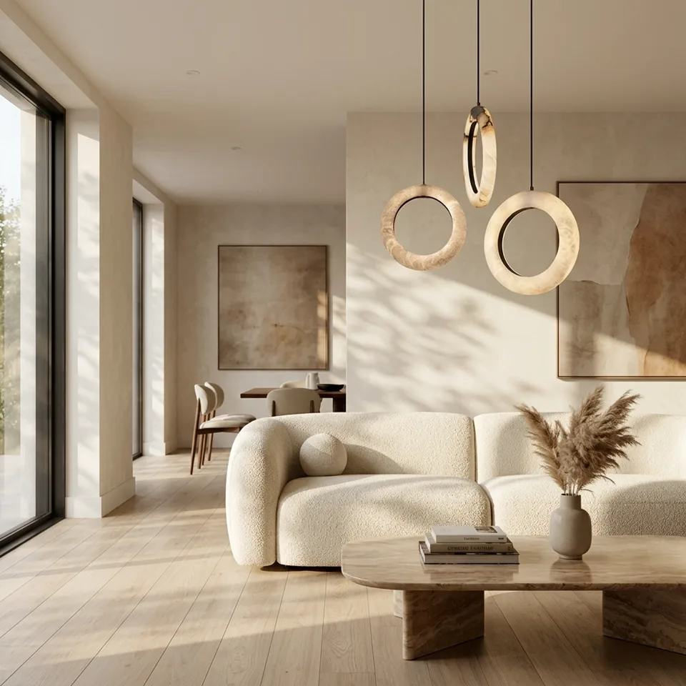 Natural Alabaster Halo Ring Pendant Light – White Stone, 12W LED 3000K, 20 cm | Jagmag Lights 3 Three alabaster halo ring pendant lights hanging over a curved sofa in an open living room