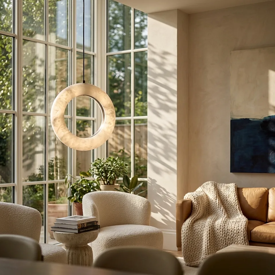 Natural Alabaster Halo Ring Pendant Light – White Stone, 12W LED 3000K, 20 cm | Jagmag Lights 4 Large alabaster halo ring pendant light glowing beside tall windows in a bright living room