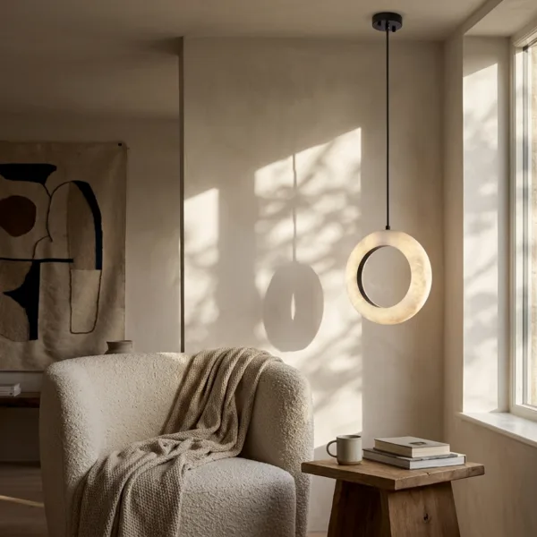 Alabaster halo ring pendant light above a boucle armchair and wooden side table in a sunlit reading corner