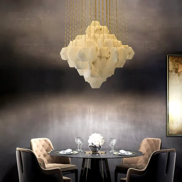 Round alabaster hexagon chandelier above a dining table