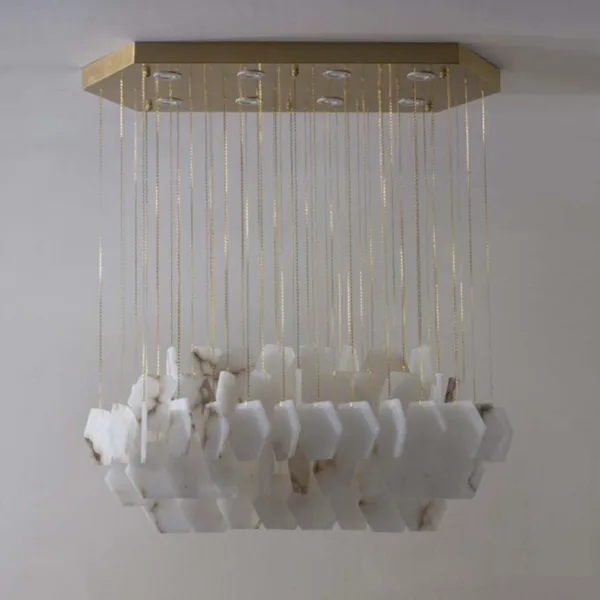 Rectangular alabaster hexagon chandelier unlit, natural stone tiles