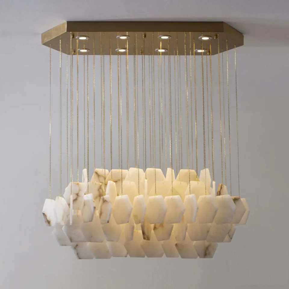 Alabaster Hexagon Chandelier 3 Rectangular alabaster hexagon chandelier lit, layered hexagon tiles on brass chains