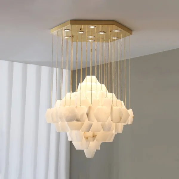 Round hexagon chandelier glowing through natural alabaster tiles