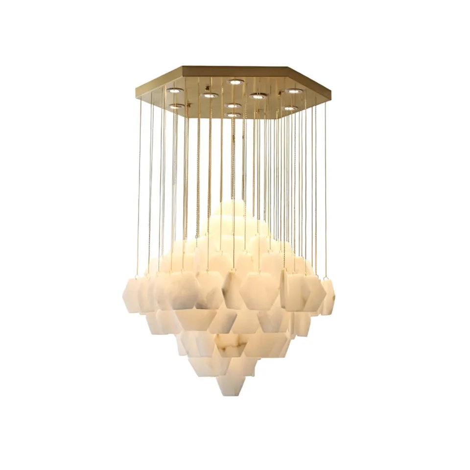 Alabaster Hexagon Chandelier 4 Round hexagon chandelier with natural alabaster tiles, lit