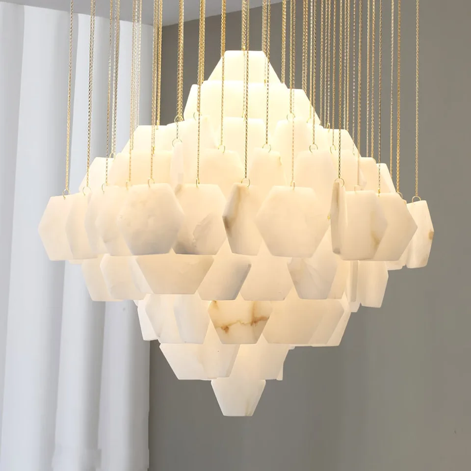 Alabaster Hexagon Chandelier 8 Lit alabaster hexagon tiles close-up, natural stone veining