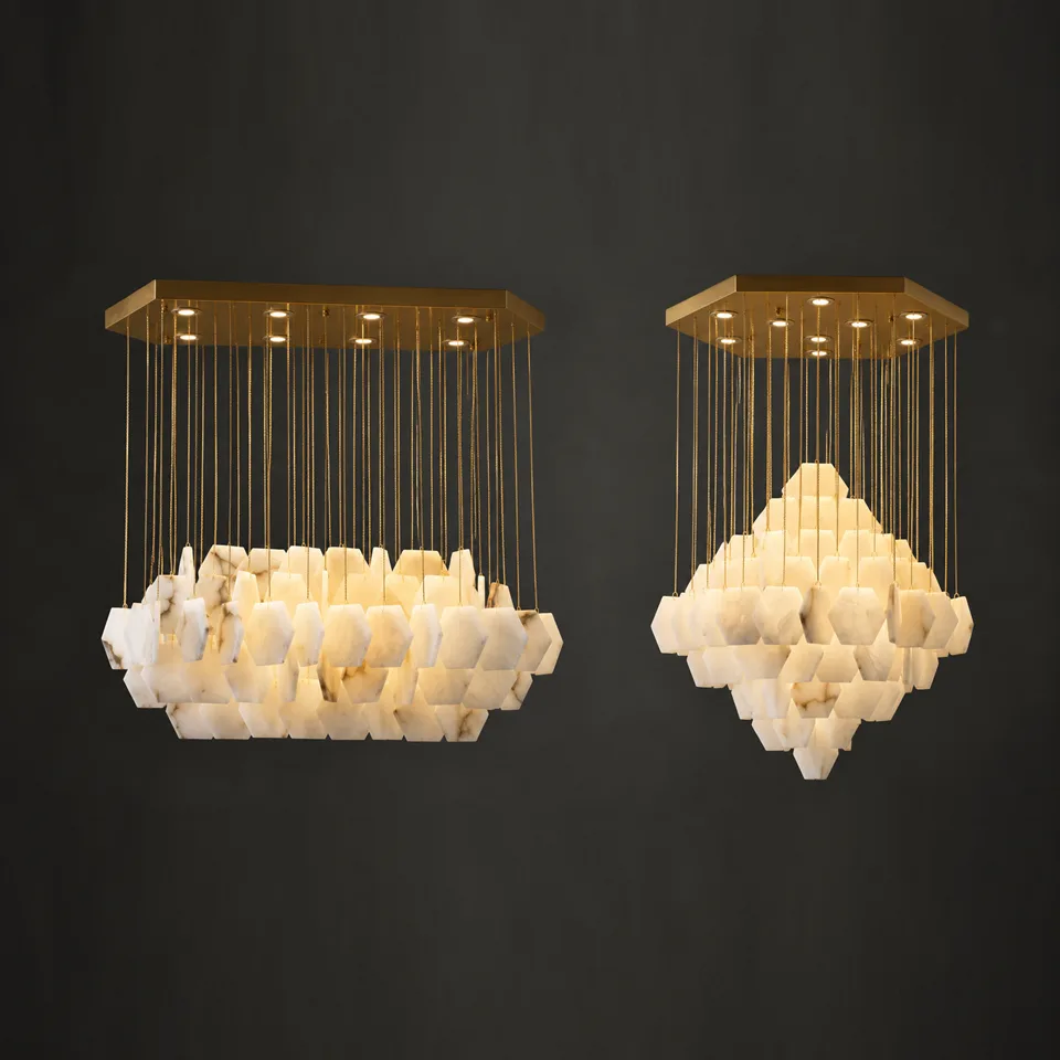 Alabaster hexagon chandelier in rectangular and round versions, lit, brass ceiling plates