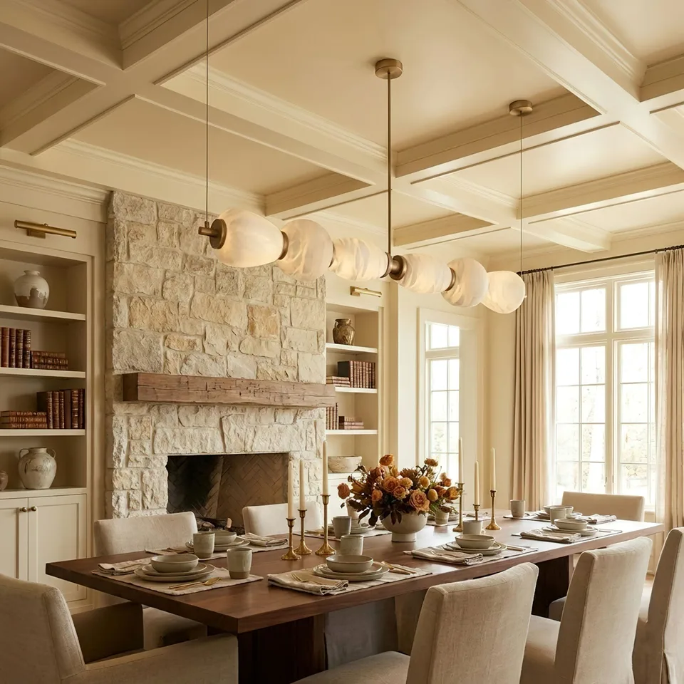 Alabaster Kitchen Island Chandelier 4 Alabaster linear chandelier above a long dining table