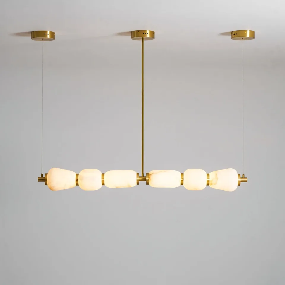 Alabaster Kitchen Island Chandelier 8 Full view of the alabaster kitchen island chandelier, brass rod and cables