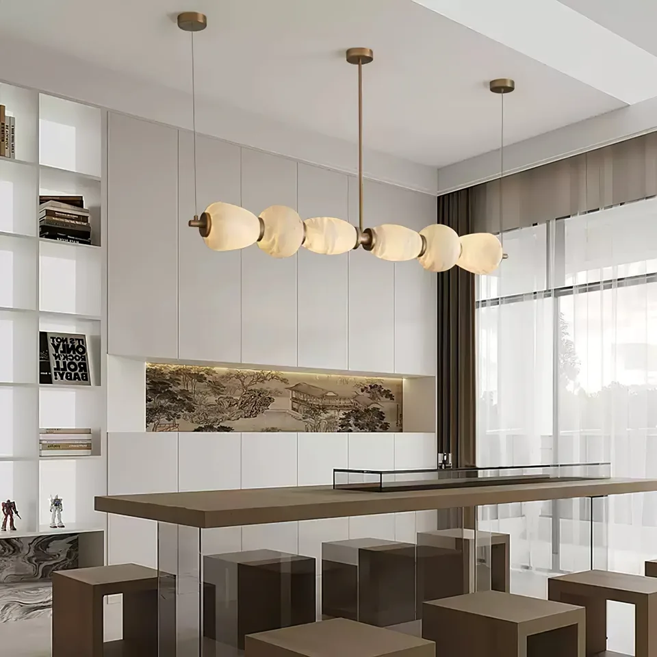 Alabaster Kitchen Island Chandelier 5 Alabaster linear chandelier in a modern interior over a long table