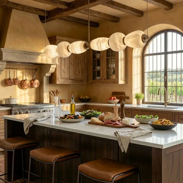 Kitchen island chandelier with alabaster shades above a kitchen island