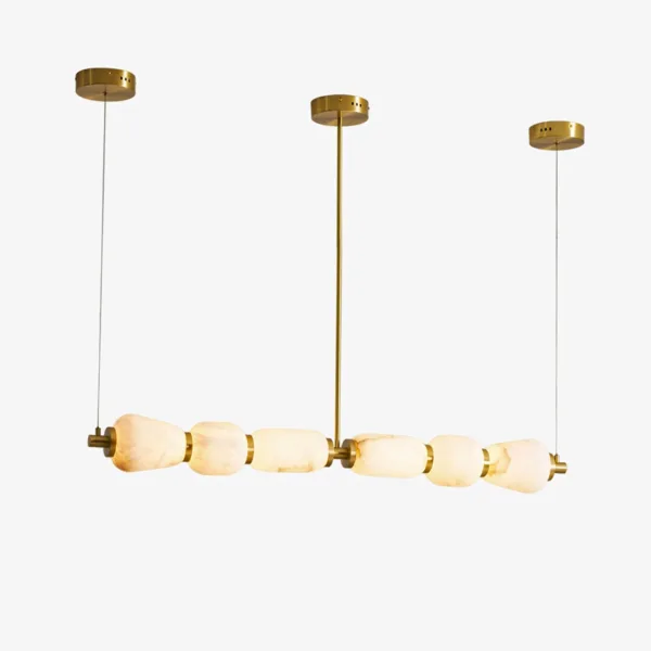 Kitchen island chandelier with six alabaster shades and brass fittings