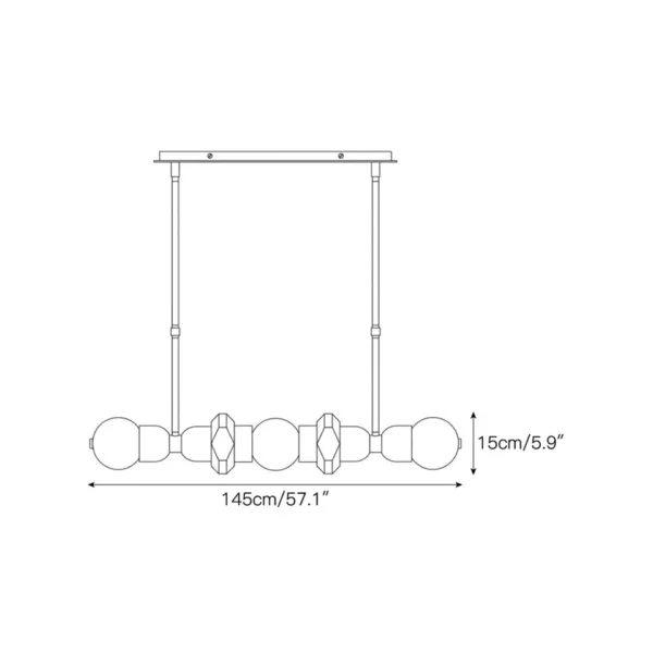 Alabaster orb linear chandelier dimension drawing: 145 cm (57.1 in) length, 15 cm (5.9 in) height