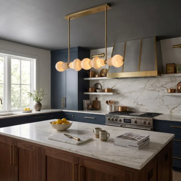 Alabaster orb linear chandelier over a marble kitchen island