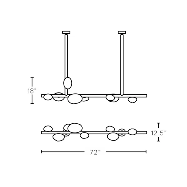 Alabaster pebble linear chandelier dimension drawing: 72 inch (183 cm) length, 18 inch and 12.5 inch heights