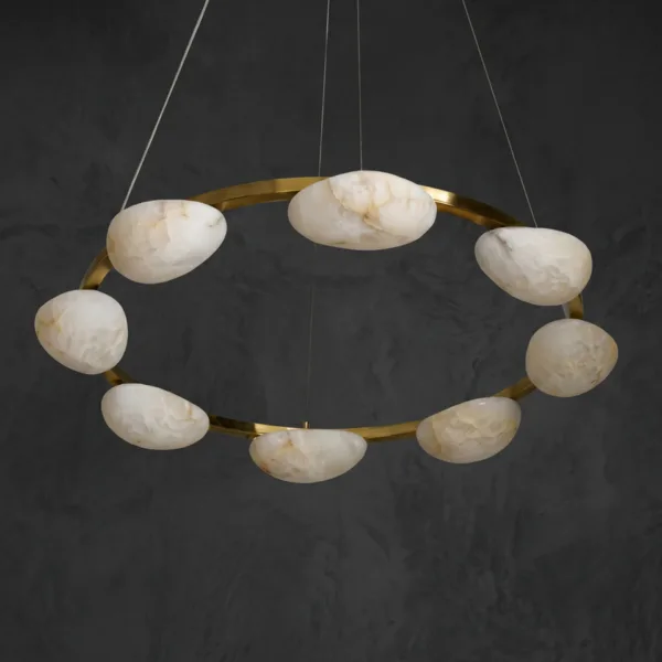 Alabaster pebble ring chandelier with brushed brass ring and eight pebbles