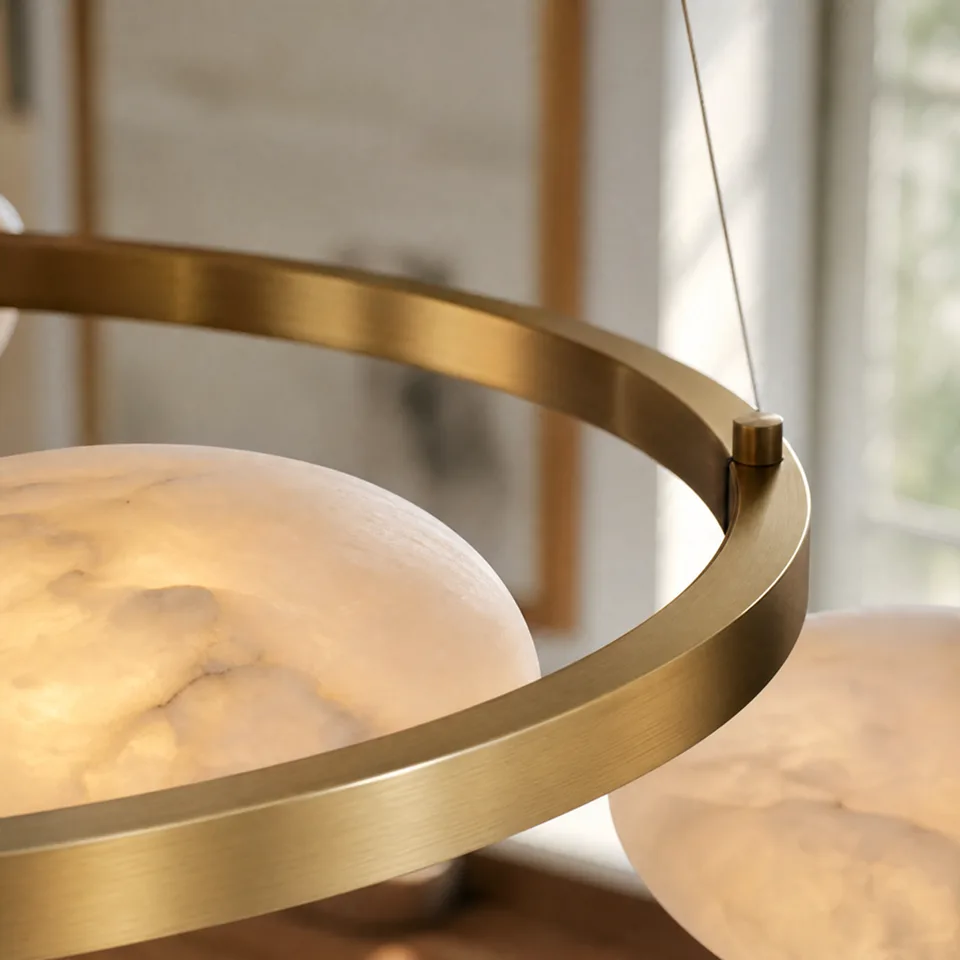 Alabaster Pebble Ring Chandelier 9 Brushed brass ring detail of the alabaster pebble ring chandelier